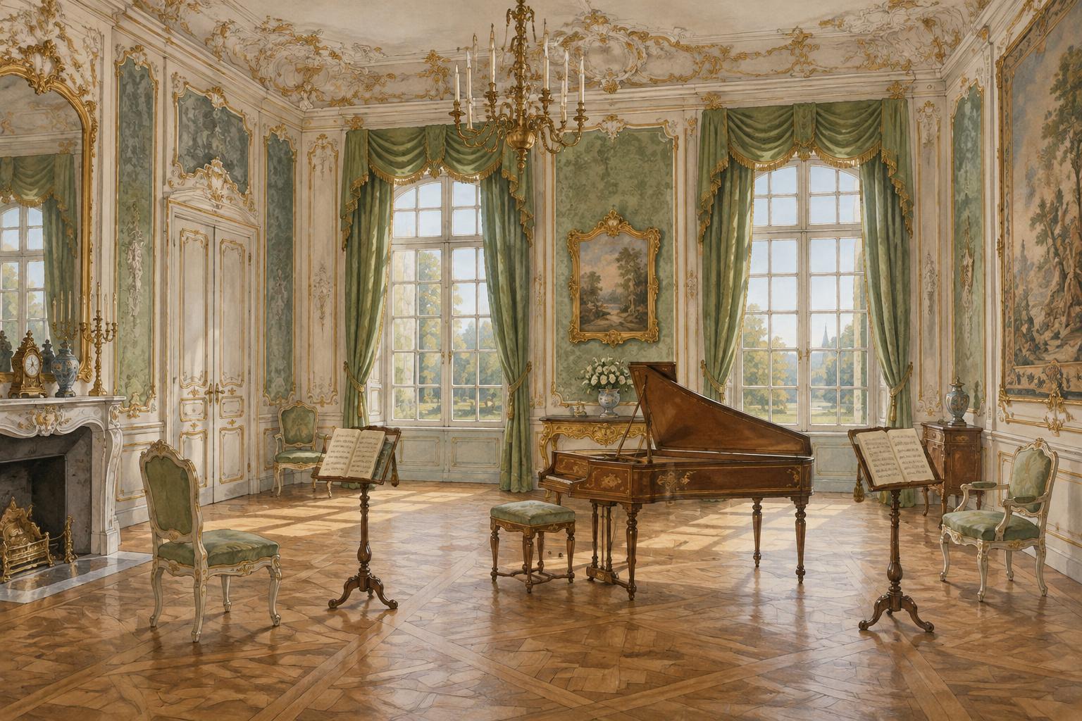 A palace music room, c. 1770 · AI reconstruction, not a specific room